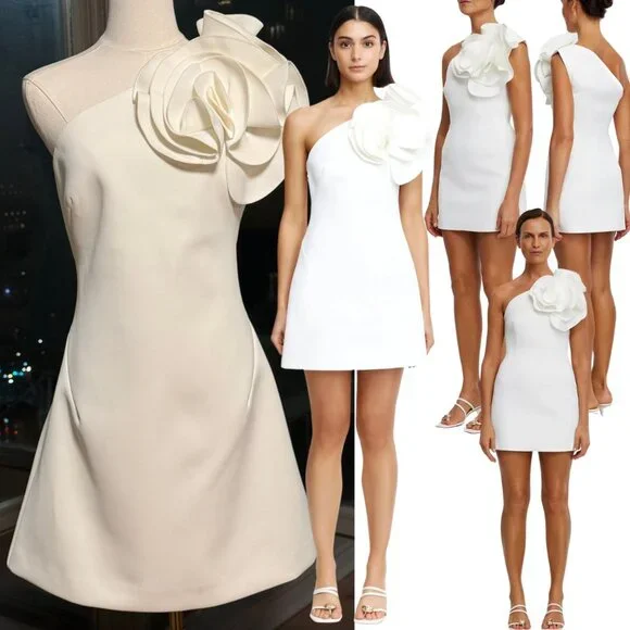 🆕 ACLER 🧿 NWOT Turflea One Shoulder Mini Dress, Ivory - Sz AU 14 US 10 - Picture 1 of 16